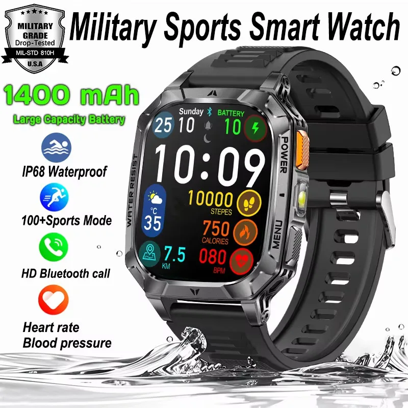 

Смарт-часы для Android и iOS, с функцией звонков, спортивным монитором, фонариком, водонепроницаемые IP68, мужские, военного класса, с батареей 1400 мАч, новые.