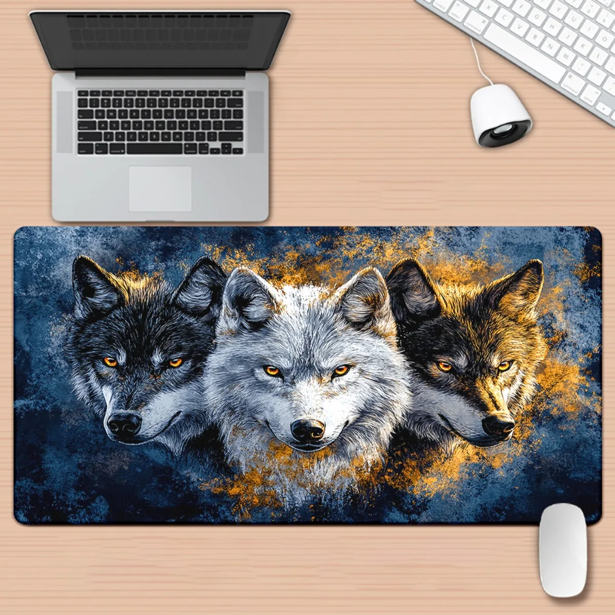 

Three Wolves Portrait Extended Mousepad Durable Rubber Gaming Keyboard Mat for Office PC Laptop