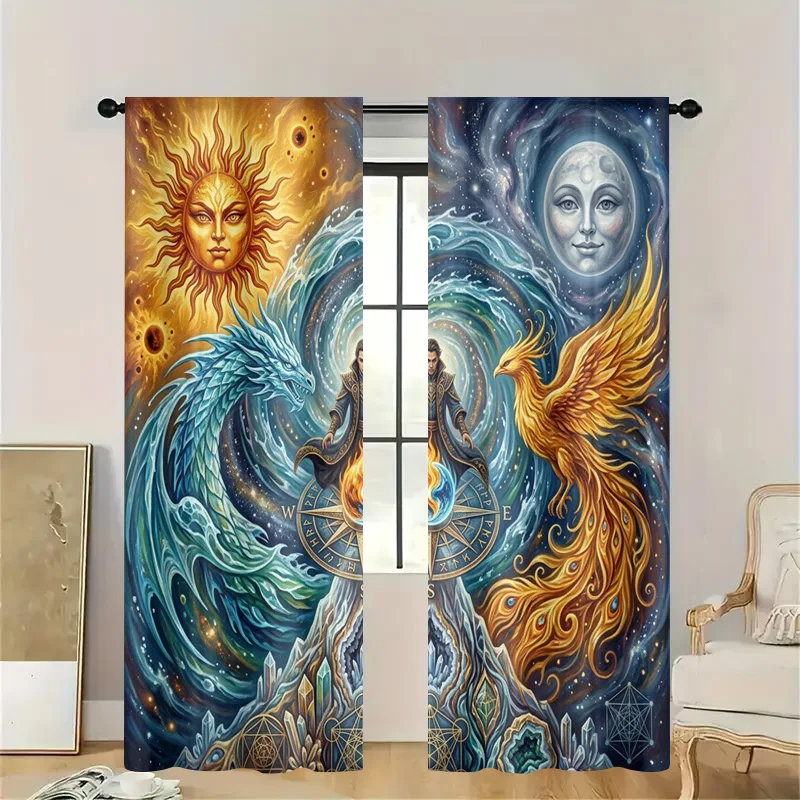 Celestial Cosmic Zodiac Curtain Astrology Curtains Sun Moon Phoenix Pattern Decorative Window Treatment Home Decor Mystical Art