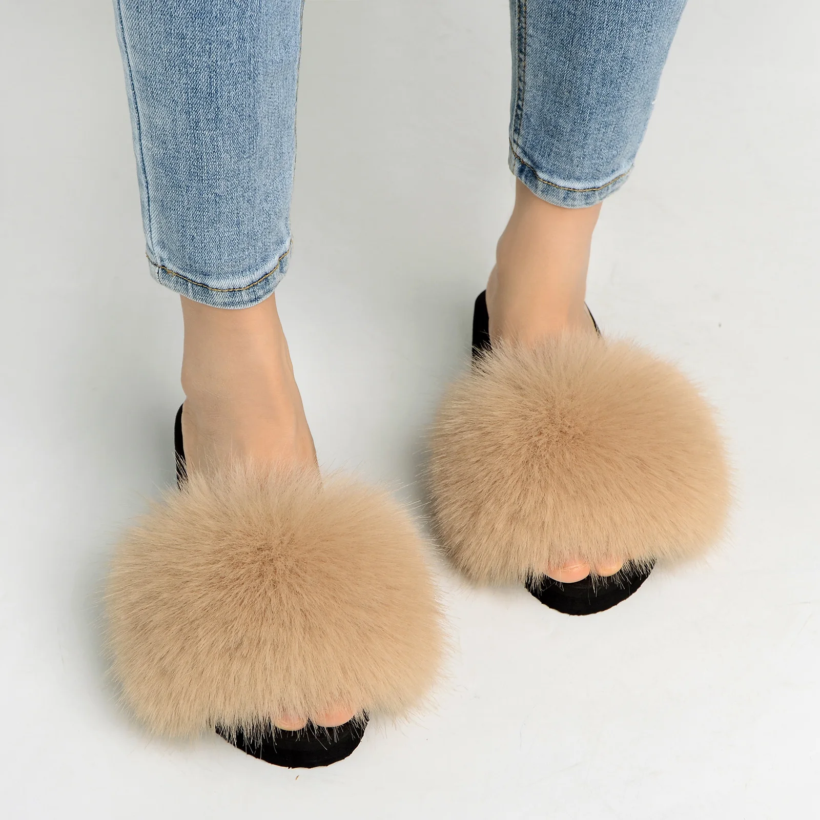 New Style Women'S Furry Fur Slippers Fake Fox Fur Fluffy Sandals Summer Non-Slip Open-Toed Indoor Sandals