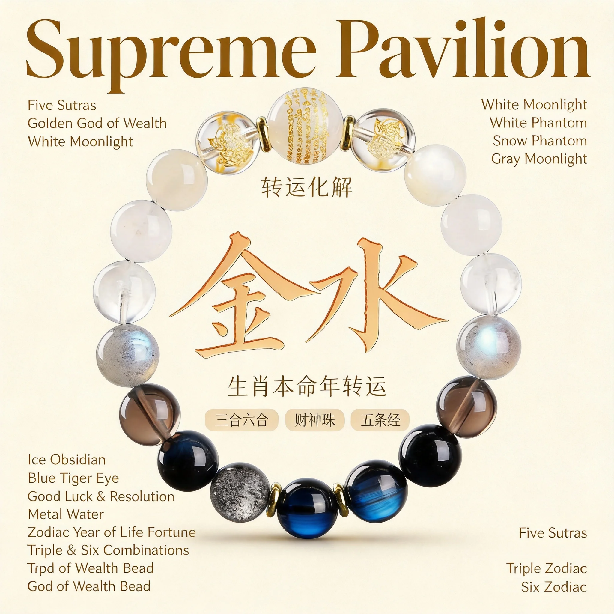 Chinese Style Five Elements Metal Water Sanhe Liuhe 12 Chinese Zodiac Beaded Bracelet Natural Crystal White Agate Lucky Fortune