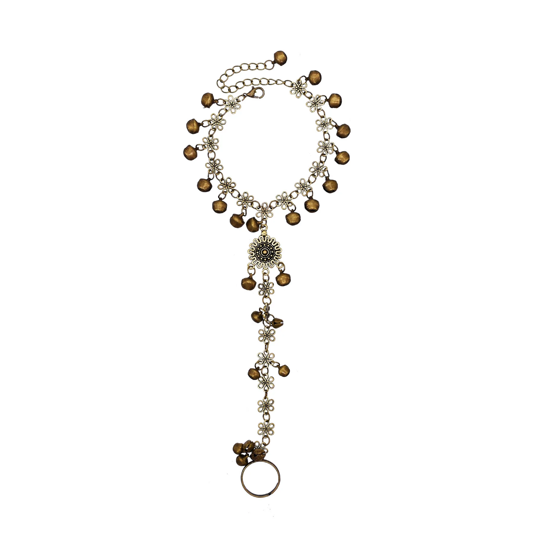 Antique Silvery Bronze Bell Flower Hand Chain Ring Bracelet Bohemian Ethnic Tassel Slave Bracelet Gypsy Tribal Jewelry for Women