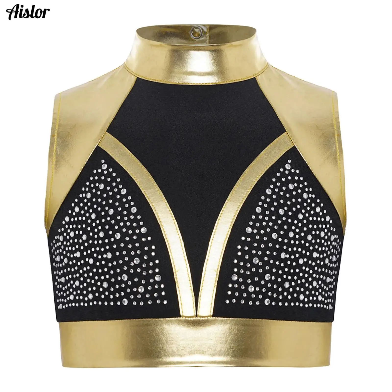 

Kids Girls Jazz Retro Disco Dance Crop Tops Mock Neck Sleeveless Cutout Back Shiny Rhinestones Color Block Metallic Tank Top