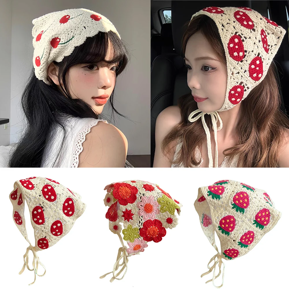 New Korea Hollow Crochet Triangle Headband Small Cherry Strawberry Towel headwrap Women Handmade Mushroom Knitted Hair Scarf