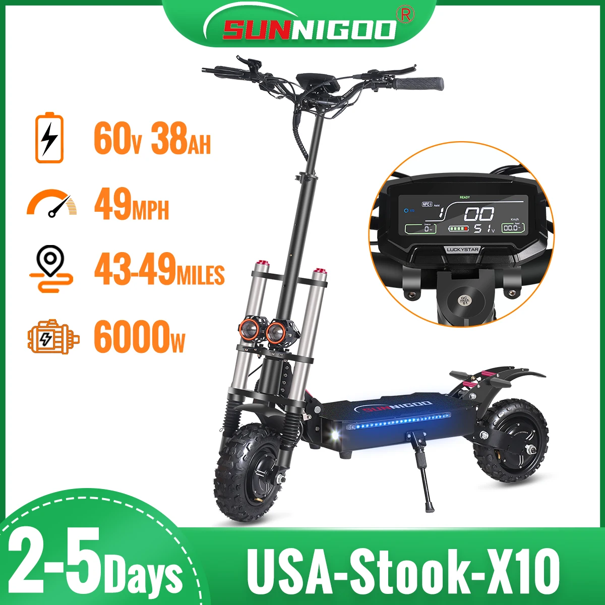 SUNNIGOO Off-Road Electric Scooter Dual Hub Motor 6000w Escooter Foldable Electric Scooters 60V 38Ah 49MPH 43-49Miles Long Range