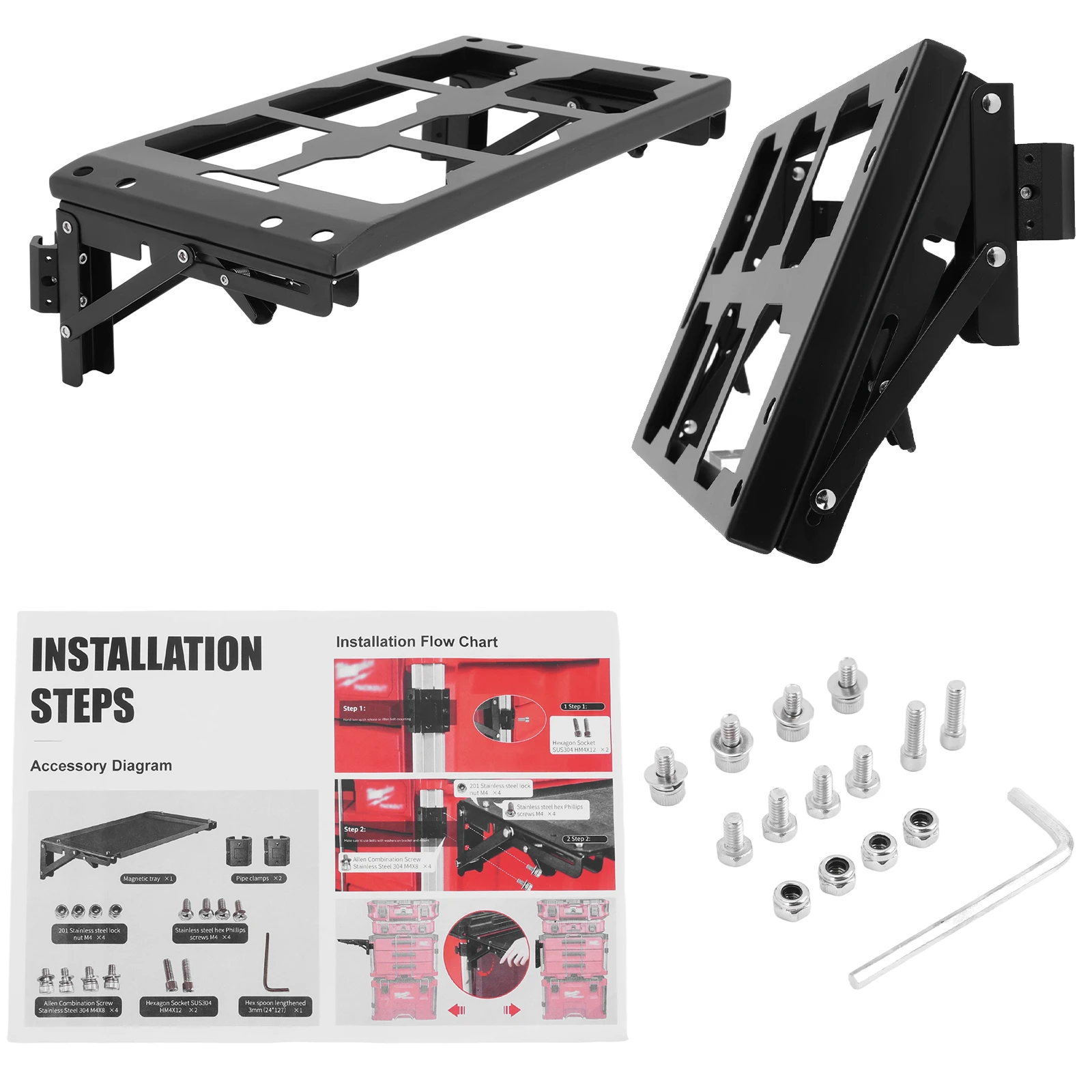 

Мощный магнитный лоток для инструментов, не требующий сверления, металлический складной кронштейн для хранения, износостойкий, совместим с аксессуарами для инструментальных ящиков Packout