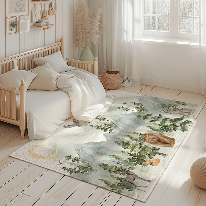 

Mountain Woodland Animal Area Rug for Nursery Kids' Bedroom Carpet Nature Theme Floor Mat Kids Room Decor Floor Rug