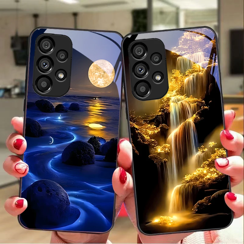 Big Window Powder For Samsung Galaxy S 8 9 10 20 Plus 21 FE 22 23 24 Ultra S7 Edge Black Tempered Glass Phone Case Hard Shell