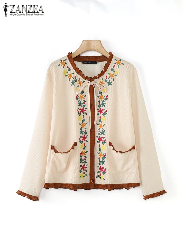 

ZANZEA Casual Lace up Tops Vintage Retro Print Cardigan Korean Fashion Ruffled Edge Outwear Holiday 2025 Long Sleeve Pocket Tops