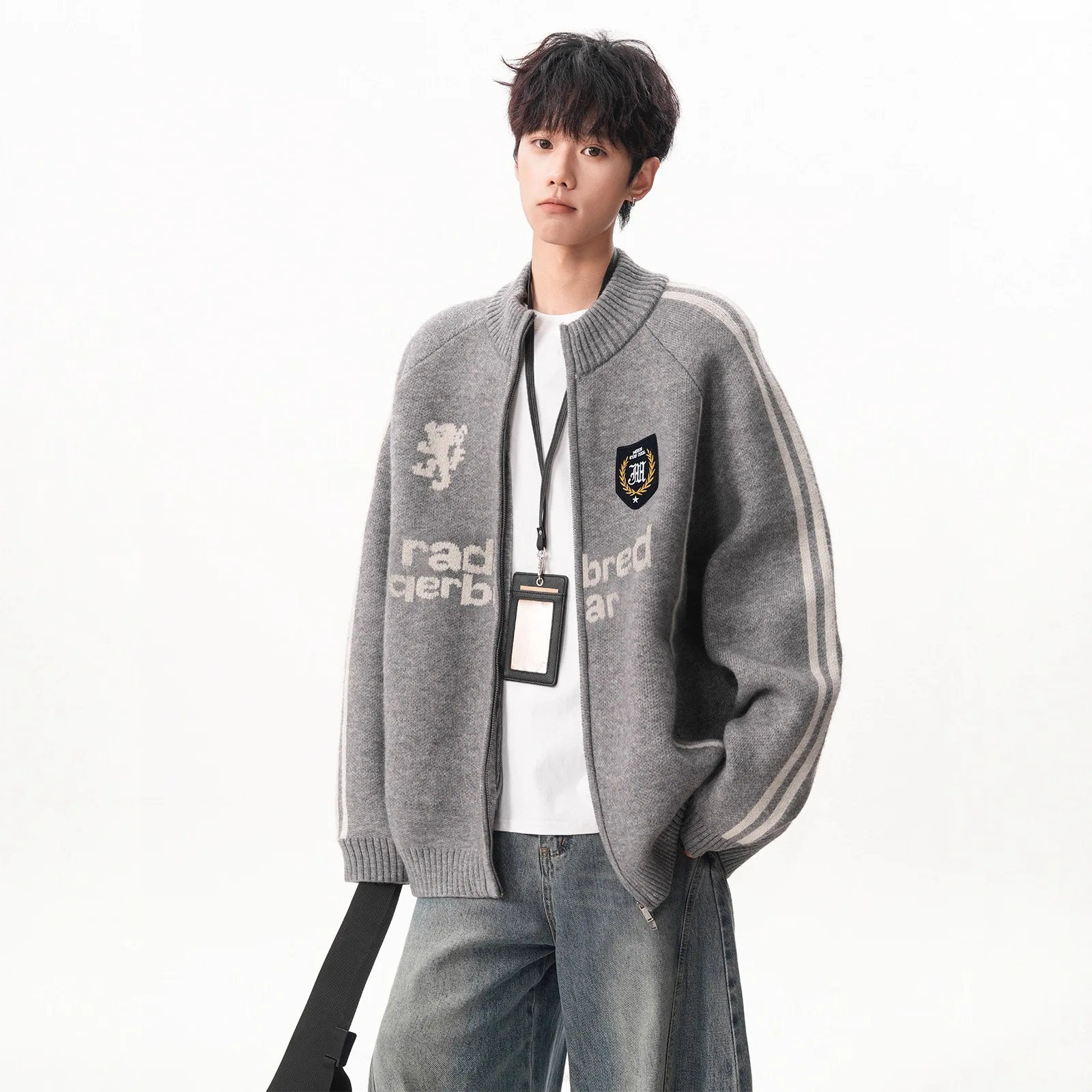 

2025 кардиган с воротником-стойкой, мужской модный брендовый осенне-зимний свободный и ленивый стиль, универсальный вязаный свитер, куртка