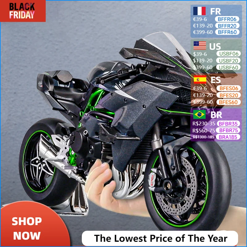 1:9 Kawasaki H2R Ninja Alloy Die Cast Motorcycle Model Toy Vehicle Collection Sound and Light Off Road Autocycle Toys Car