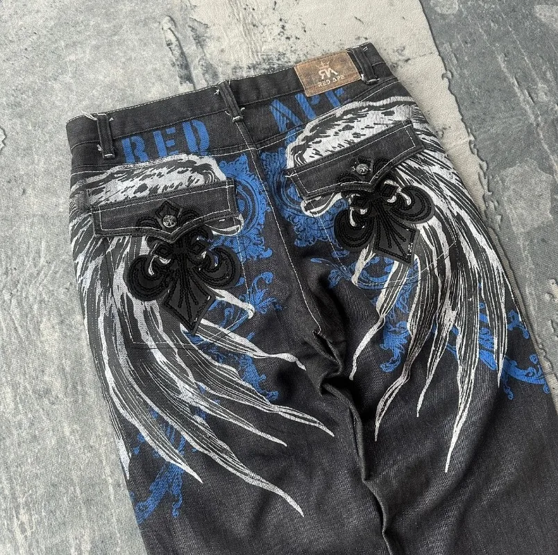 

Fashion New Hip Hop Punk Style Pattern Embroidery Old Jeans Men Y2K Harajuku Vintage Casual Joker High Waist Wide-leg Trousers