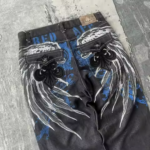 Fashion New Hip Hop Punk Style Pattern Embroidery Old Jeans Men Y2K Harajuku Vintage Casual Joker High Waist Wide-leg Trousers