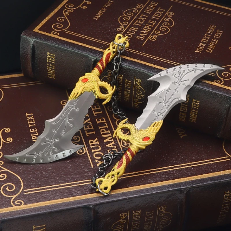 15 cm/5.90in God of War Quetzalcoatl Blades of Chaos Runen Dubbele Blade Metalen Katana Mes Wapen Modellen Jongen Geschenken speelgoed Ornamenten
