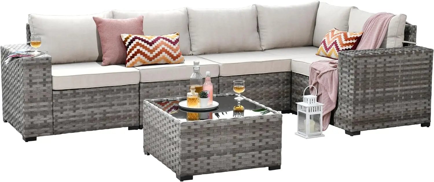 Patio Furniture Set 6 Pieces Outdoor Sectional Sofa Set w/ Widened Armrest & Deep Seat, Modern Modular Wicker Conversation Set