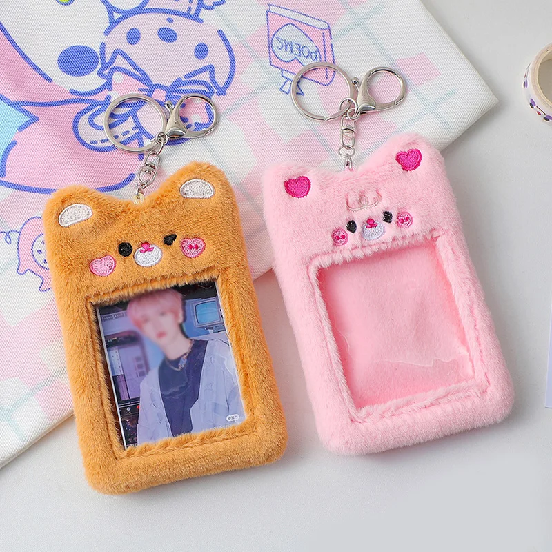 Cute Plush Photo Card Holder Cover Keychain Idol Photocard ID Credit Case Photo Sleeve Protector Case Animal Shape Cartoon