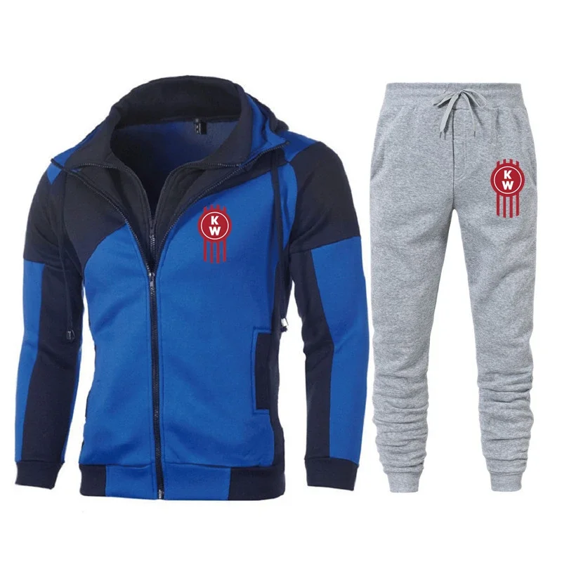 Spring Autumn New Kenworth Logo Print Custom Made Warm Spliced Men Zipper Hoodie Jacket+Pants Pocket Casual Man Sportswear Set image 3