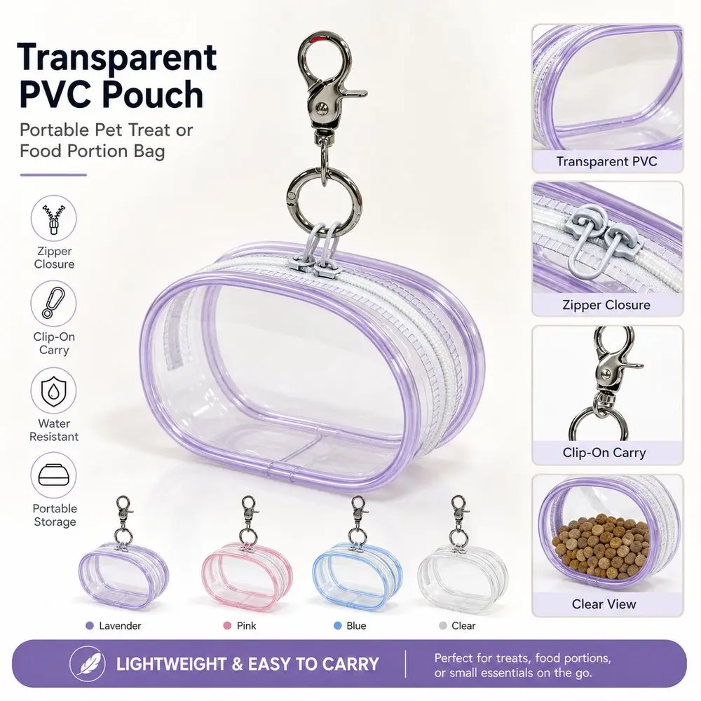 Stylish PVC Pet Food Pouch Transparent Zipper Closure Cat Food Bag Clamshell Opening Reusable Portable Feeding Bag