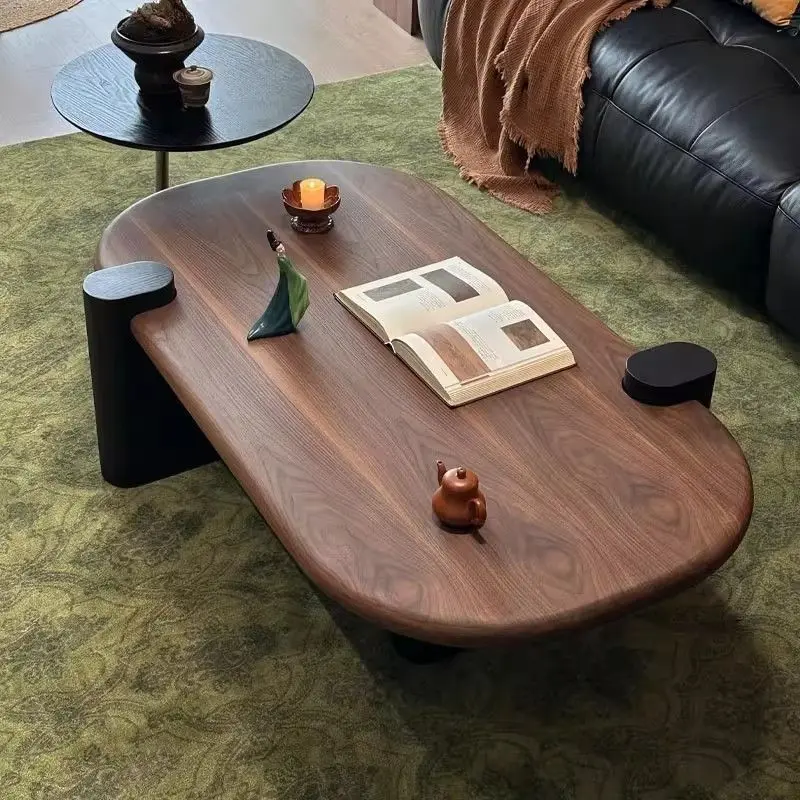 Vintage-style wooden oval minimalist bookshelf, small living room coffee table, vintage coffee table