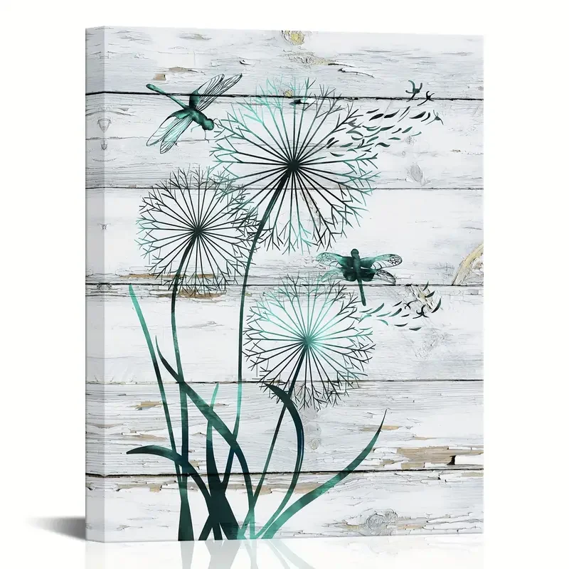 CANVAS INCLUDE FRAME 1pc Framed Teal Dragonfly With Dandelions Rustic Canvas Wall Art Farmhouse Living Room Bedroom Kitchen Wall