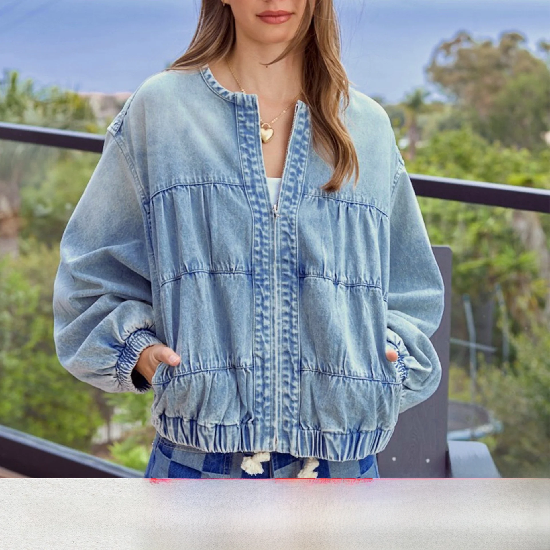 

Stylish Loose Fit Zipper round Neck Denim Jacket Women's Casual Washed Cotton Outerwear Spring Autumn Fashion Trend