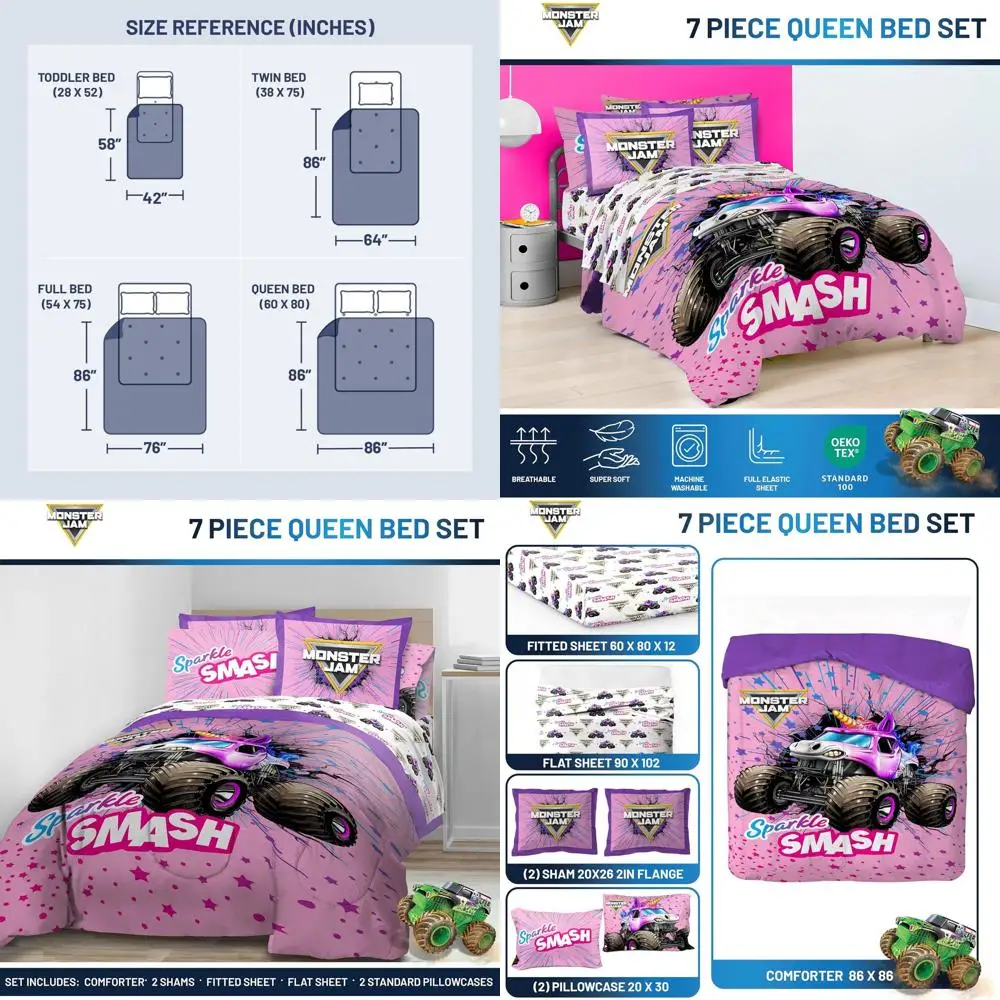 モンスタージャム ピンク 7点クイーン寝具セット シーツと枕カバー付きで快適でスタイリッシュな睡眠を実現