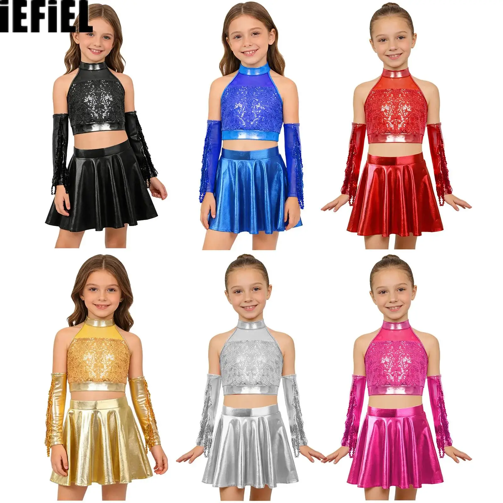 

Kids Girls Sparkly Sequins Jazz Dance Outfit Sleeveless Metallic Crop Top with Flared Skirt And Sequined Tassels Gloves