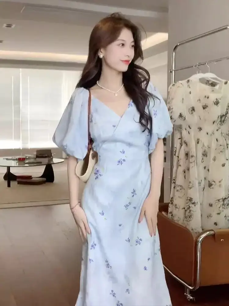 

2024 Summer New Women's Dress Loose Commuter Casual High Waist Printed V-neck Dress