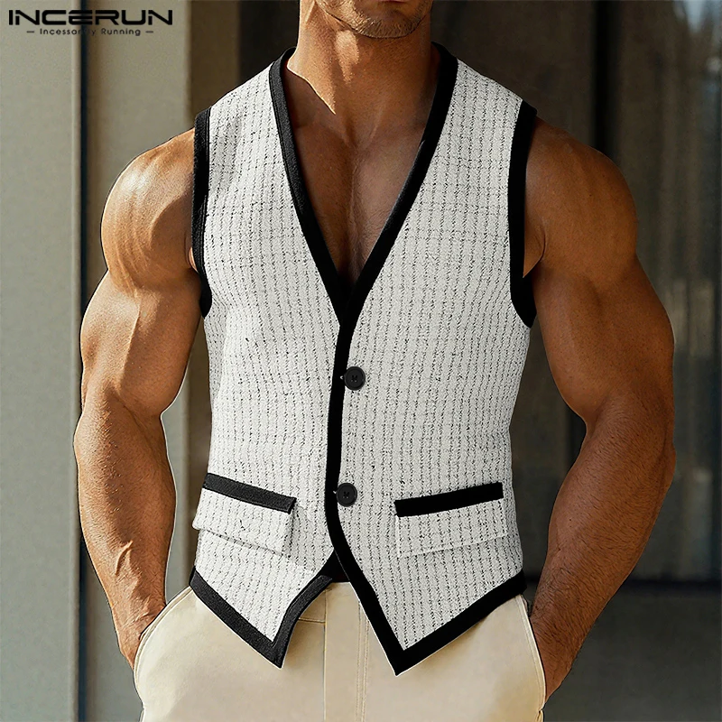 

INCERUN Men Vests Patchwork Shiny V Neck Sleeveless Button Casual Male Waistcoats Streetwear 2025 Fashion Leisure Vests S-5XL