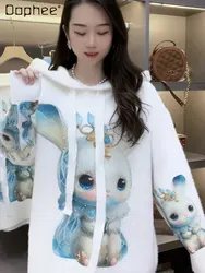 Cartoon Rabbit Fashion Rhinestone Printed Hooded Sweater Coat Women Loose All-Match Long Sleeve Pullover Knitted Top Female