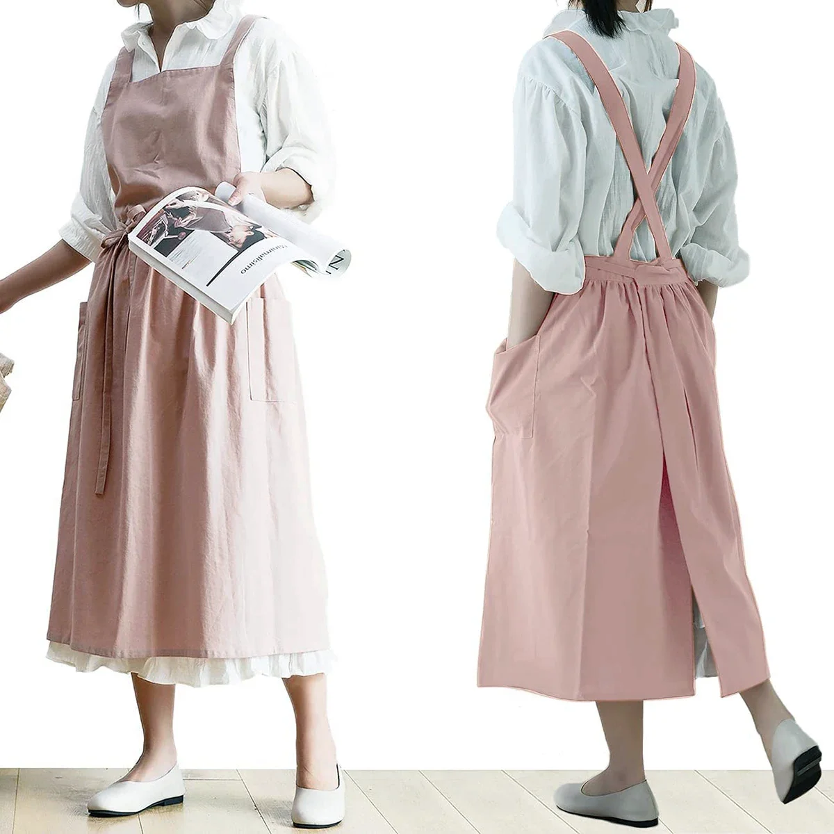 Brief Nordic Wind Pleated Skirt Cotton Linen Apron Women Girls Vintage Apron Gardening Works Cross Back Pinafore Dress