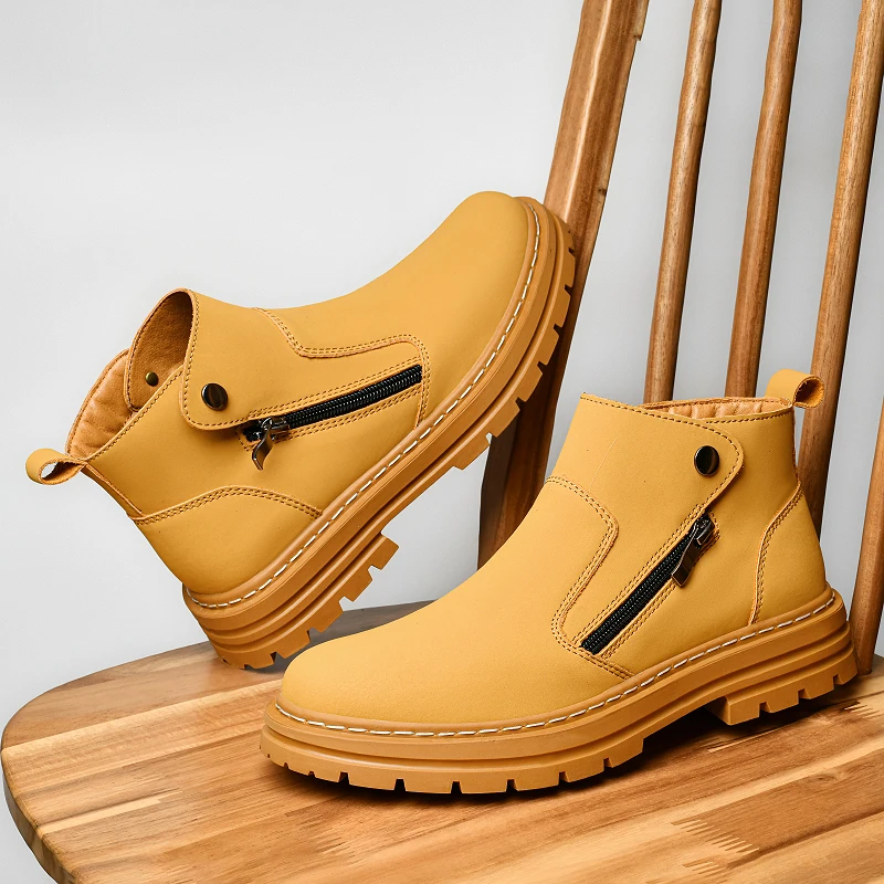 

Autumn Winter Ankle Boots For Men Trend Zipper Design Men's Leather Boot Yellow High Top Shoes Man Casual Boots botas masculino