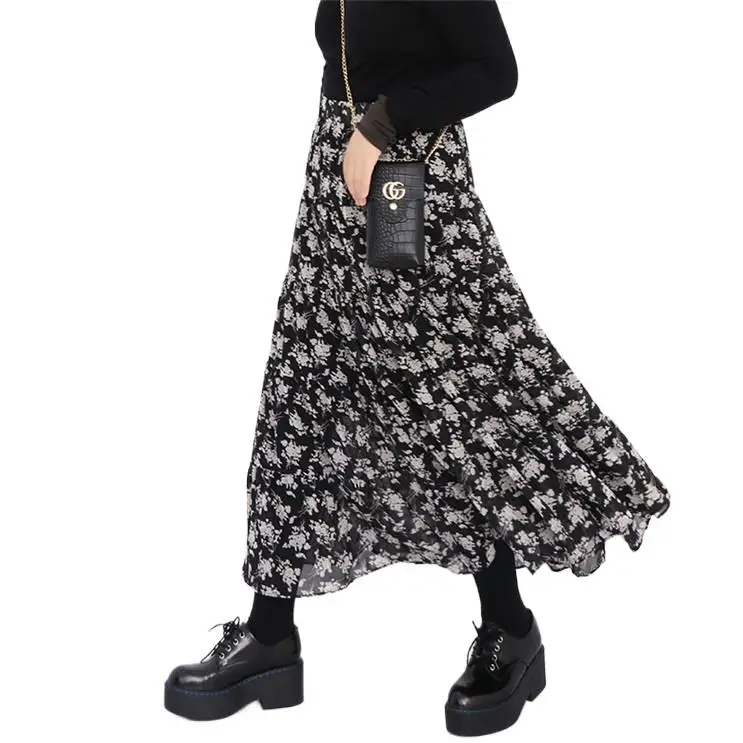 

Fashion 2024 Spring Korean women Floral Print Pleated maxi Skirt Bohemia chiffon Pleated ruffled long skirt jupe femme vestidos