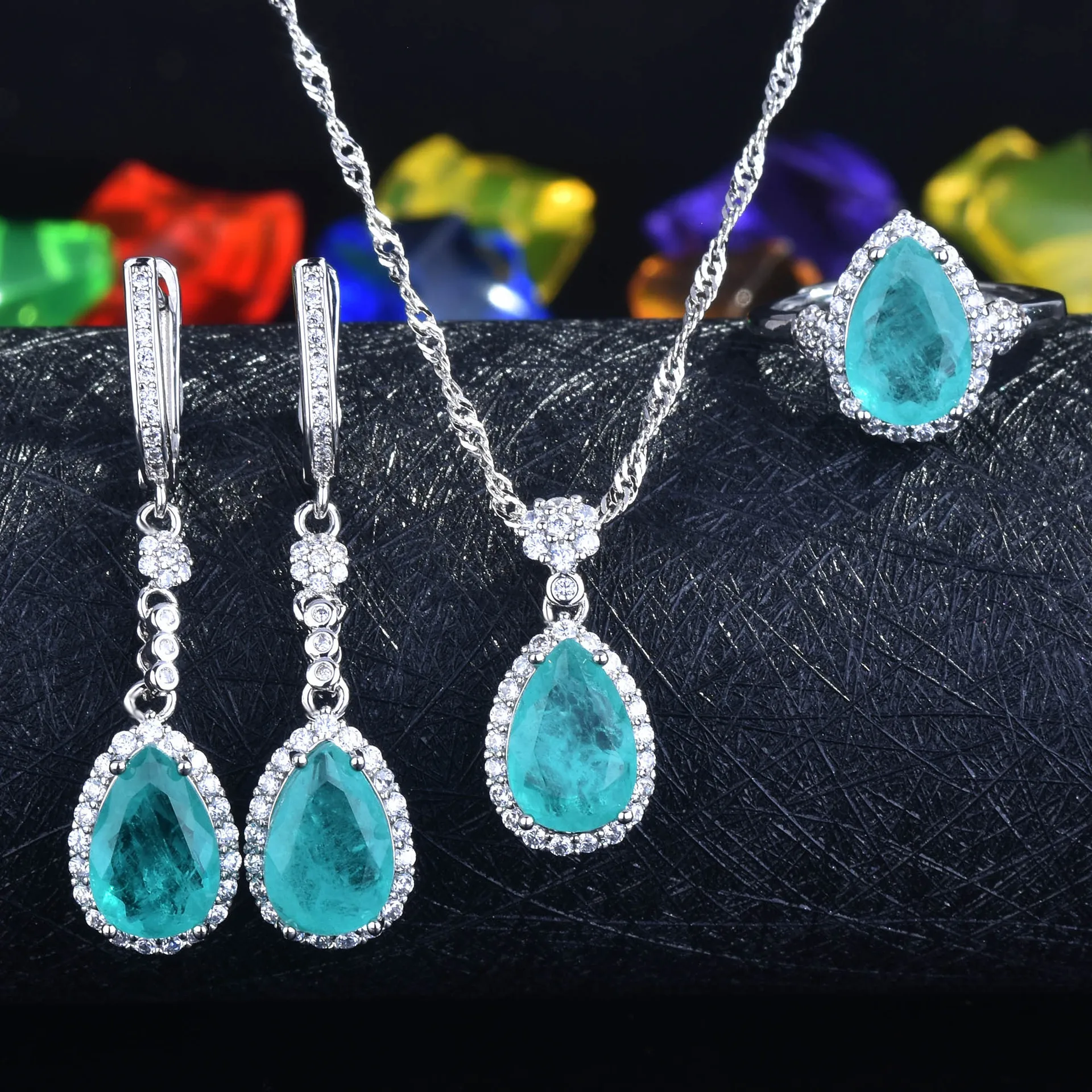 S925 Sterling Silver Real Natural Paraiba Jewelry Set Drop Ring Pendant Necklace And Earrings Elegant Fine Jewelry For Women view 3