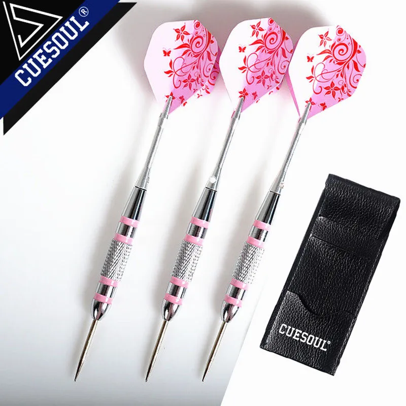 CUESOUL 3PCS 24g Steel Tip Darts Pin With Aluminum Shafts Professional Dart Pink Color Leather-Packaged