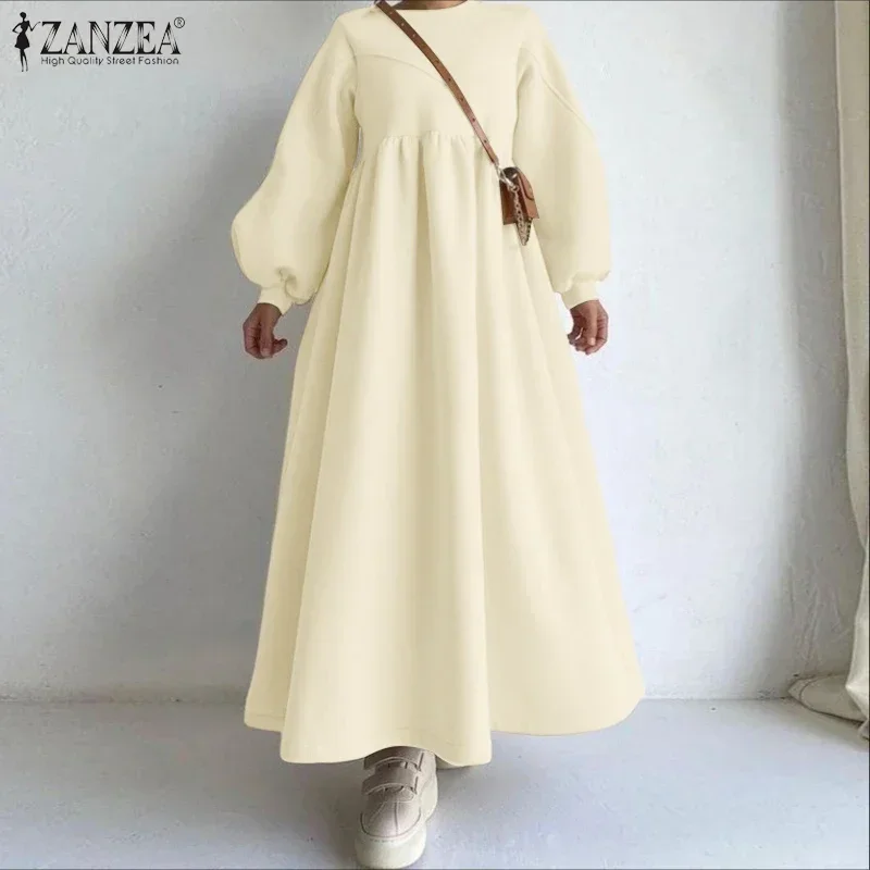 2026 ZANZEA Women Autumn Sweatshirt Dress Fashion Long Lantern Sleeve Casual Solid Maxi Vestidos Oversized O-Neck Female Robe