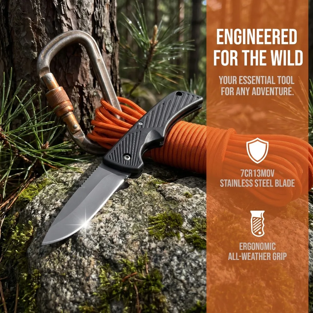 Portable Folding Pocket Knife Lightweight Rubber Handle 7Cr13Mov Blade Outdoor Backpacking Field Utility Knife