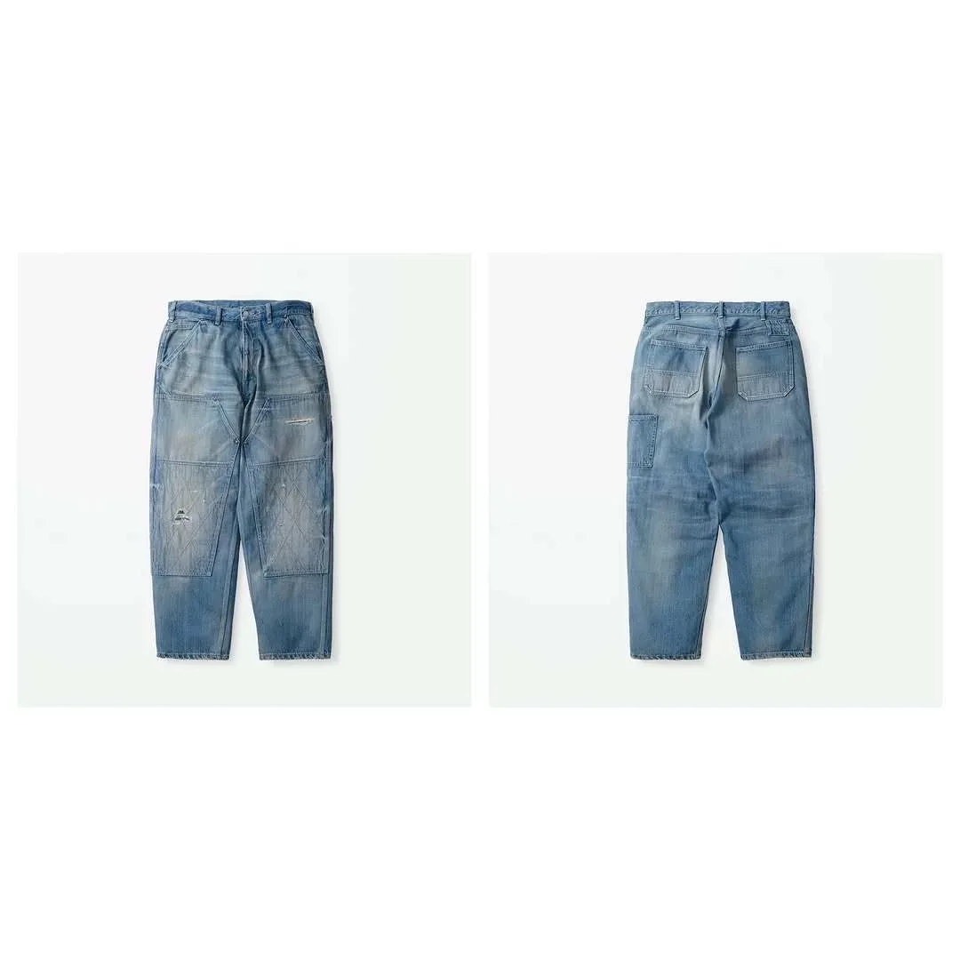 

Youwenle Destroyed Knee Patch Railway Denim Pants Straight Leg Casual Trousers Workwear Pilot Sle Organic Cotton Jeans