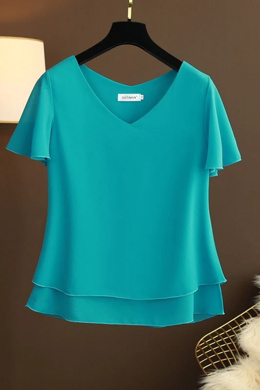 Summer New Fashion Brand Double V-neck Solid Color Chiffon Loose Large Size Casual Women's Small Shirt Short Sleeve Top