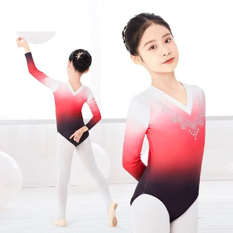 

Балетный трико для девочек, детский боди с градиентом и рисунком, с длинными рукавами, гимнастические трико со стразами, боди, купальники из полиэстера