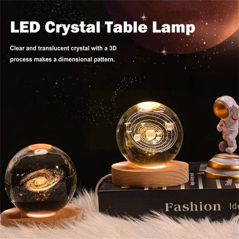 Bola de galaxia de cristal 3D única, luz nocturna brillante, astronauta planetario, energía USB, luz cálida para mesita de noche