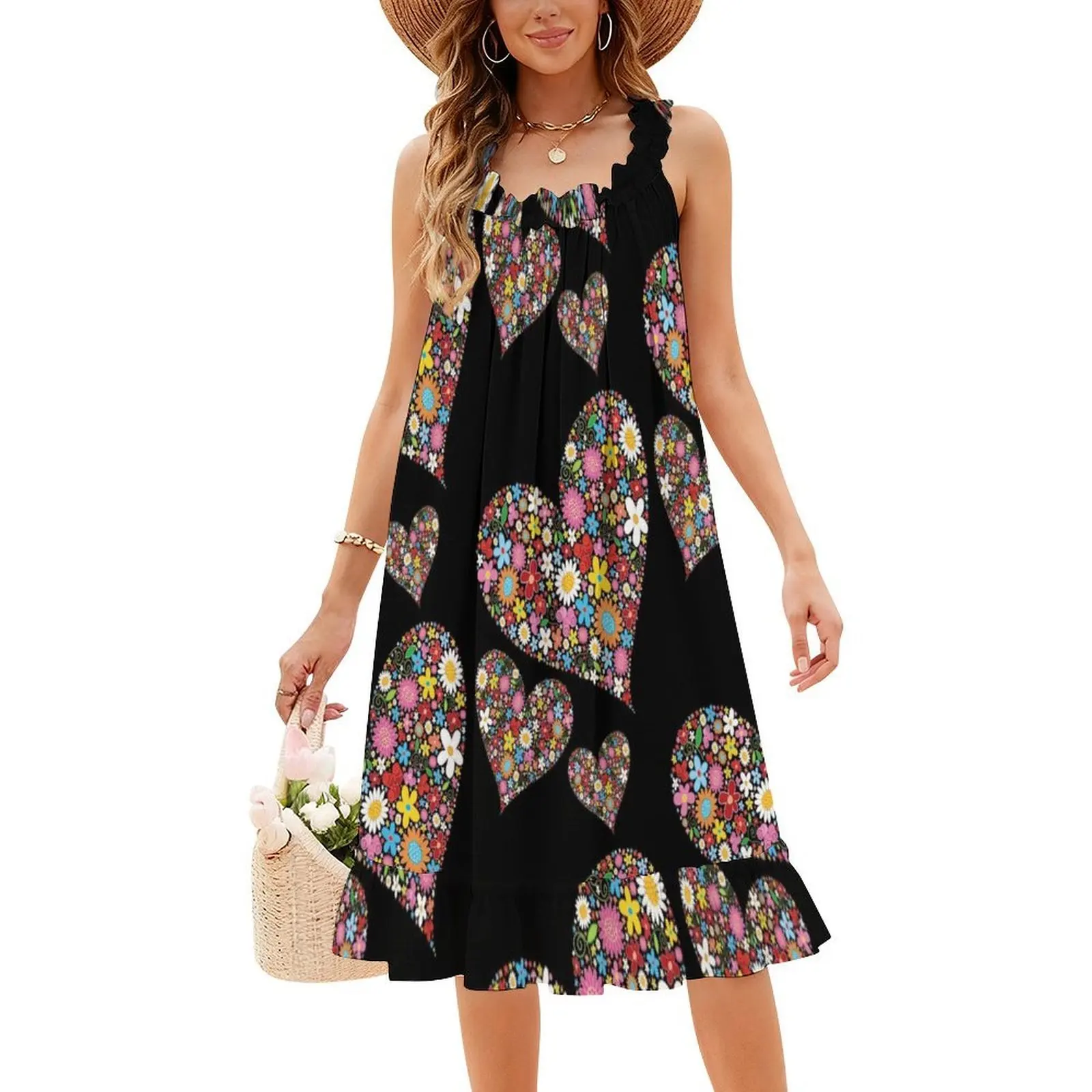 زهور الربيع غريب الأطوار قلوب عيد الحب الثلاثية؟ فستان بوهيمي بدون أكمام للنساء مطبوع عليه فساتين حفلات الشاطئ Fatfatin