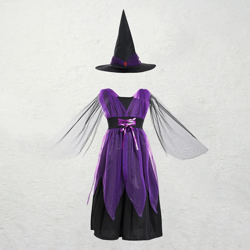 

2025Baby Girls Halloween Witch CostumeChildren Cosplay Vampire Princess Dresses Kids Dress UpClothes With Hat Carnival PartyGift