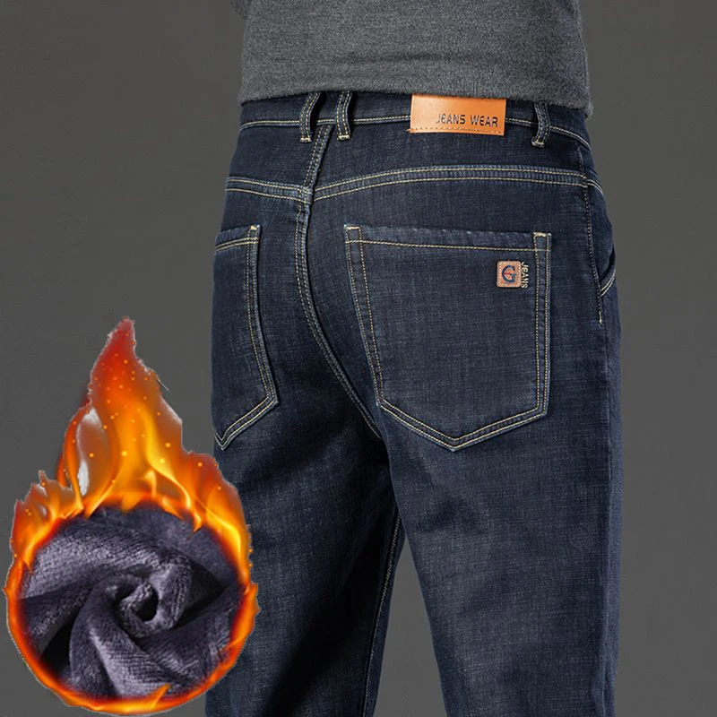 2026 Hot Sale Snow Warm Plush Fleece Jeans Men Fashion Blue Black Windproof Denim Pants Male Straight Leg Casual Trousers