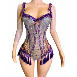 Purple Silver Rhinestones Fringed Bodysuit Women Sequins Jazz Dance Outfit Bar Nightclub Dj Ds Gogo Costumes Stage Wear XS7718