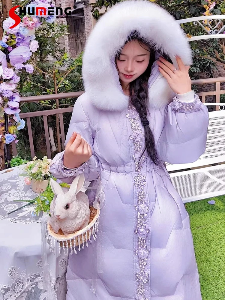 

Women's 2024 Winter High-end Luxury Handmade Beaded Purple Three-dimensional Flower Thickened Big Fox Fur White Duck Down Jacket