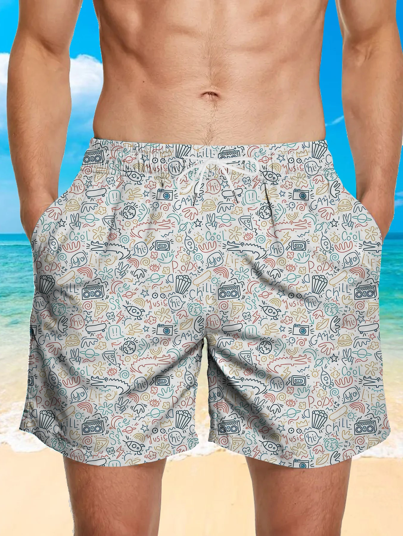 Daily Wear Full Print Shorts Men Digital Printing Anti-wrinkle Polyester Trunks
