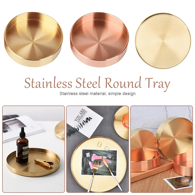 

Golden Stainless Steel Storage Tray Brass Round Plate Fruit Steak Snack Kitchen Metal Space Saving Organizer Jewelry Display