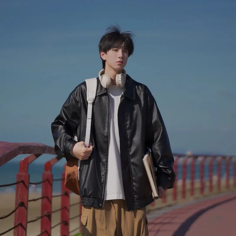 

Men Women Retro PU Leather Jacket Mellow Brown High-Street Utility Coat Loose Fitting Casual Outerwear for Autumn Winter​