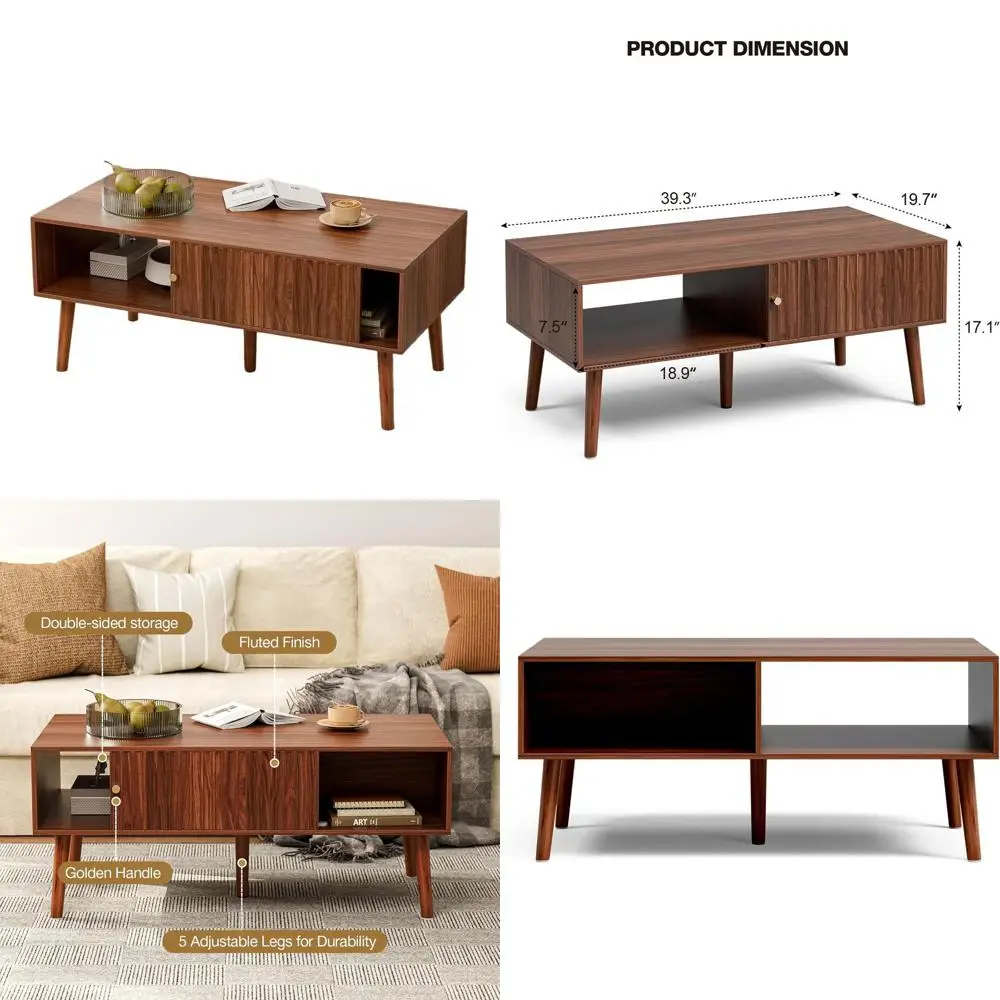 

Walnut Storage Coffee Table, Century-Inspired Dining Table with Sliding Lattice Doors and Solid Wood Legs, Compact Coffee Tables